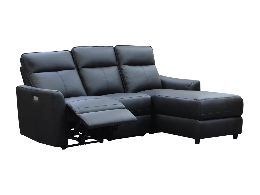 Canapé d'angle droit relax électrique en cuir noir ISPICA