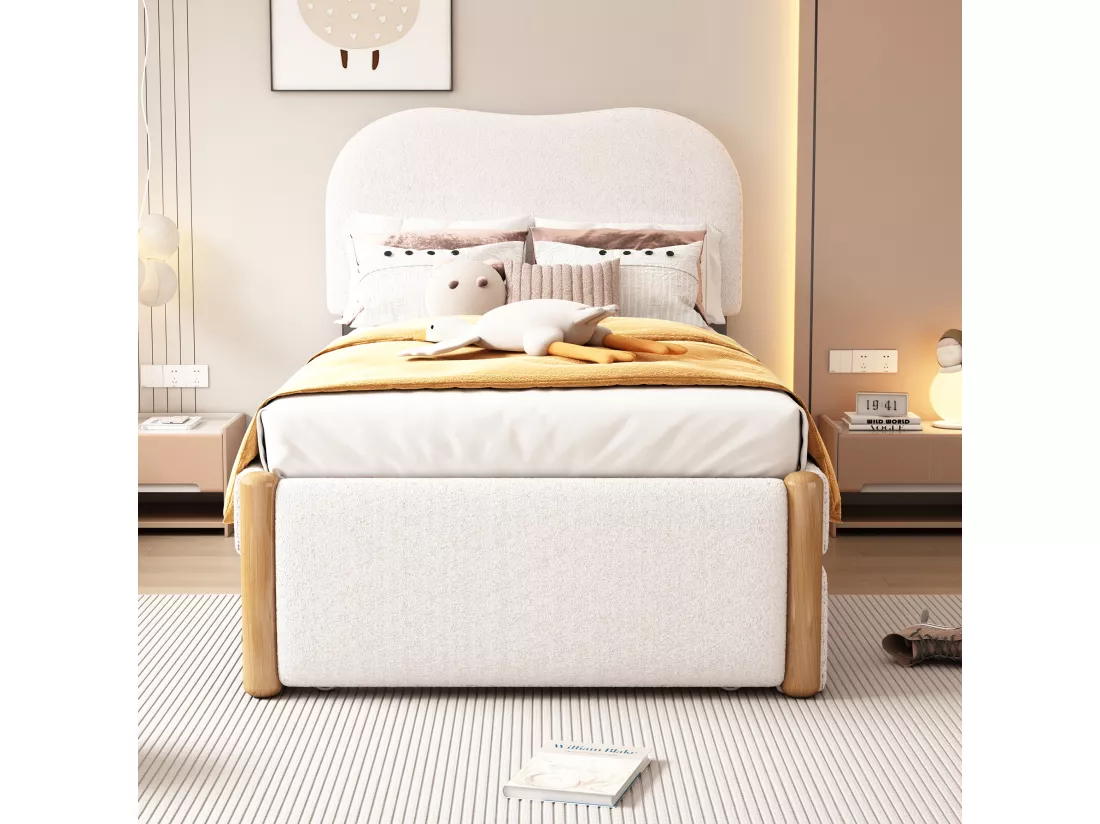Lit rembourré en peluche 90x200cm - avec lit gigogne coulissant 90x190cm - avec sommier à lattes en MDF - Blanc