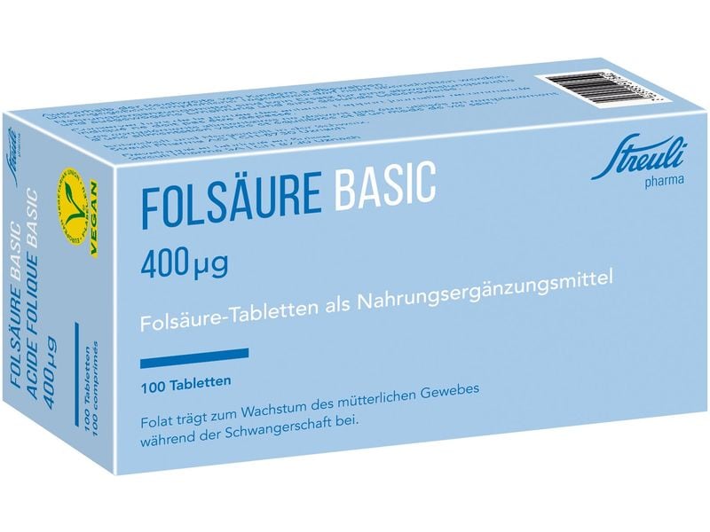 Folsäure Streuli Folsäure Streuli 400 mcg 100 Tabletten Vegane Folsäuretabletten