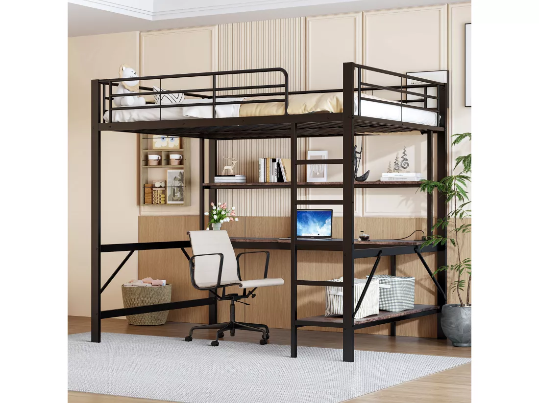 Lit mezzanine garde-corps et escabeau - 140 x 200 cm - avec USB et secteur - LED et bureau - sans matelas - métal - white