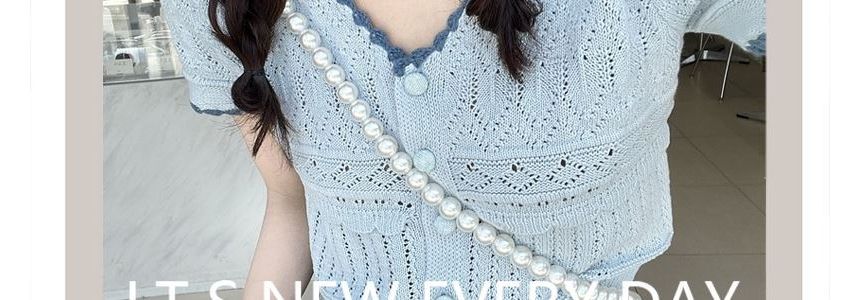 Fabricino - Top met korte mouwen, V-hals, knoopjes en pointelle breisel