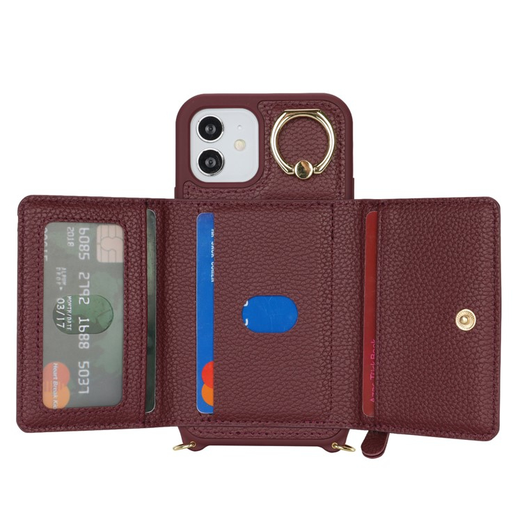 iPhone 12 / iPhone 12 Pro Necklace Leder Hülle mit Münzfach und Kartenfächer   Finger Griff Halterung   Handykette - Weinrot