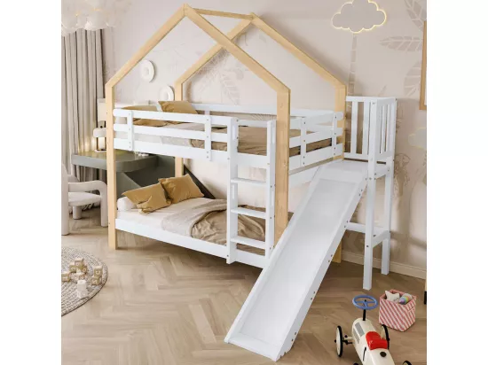 Lits Superposés 2x90x200cm avec toboggan - lit cabane - cadre de lit en bois massif - Blanc+Naturel