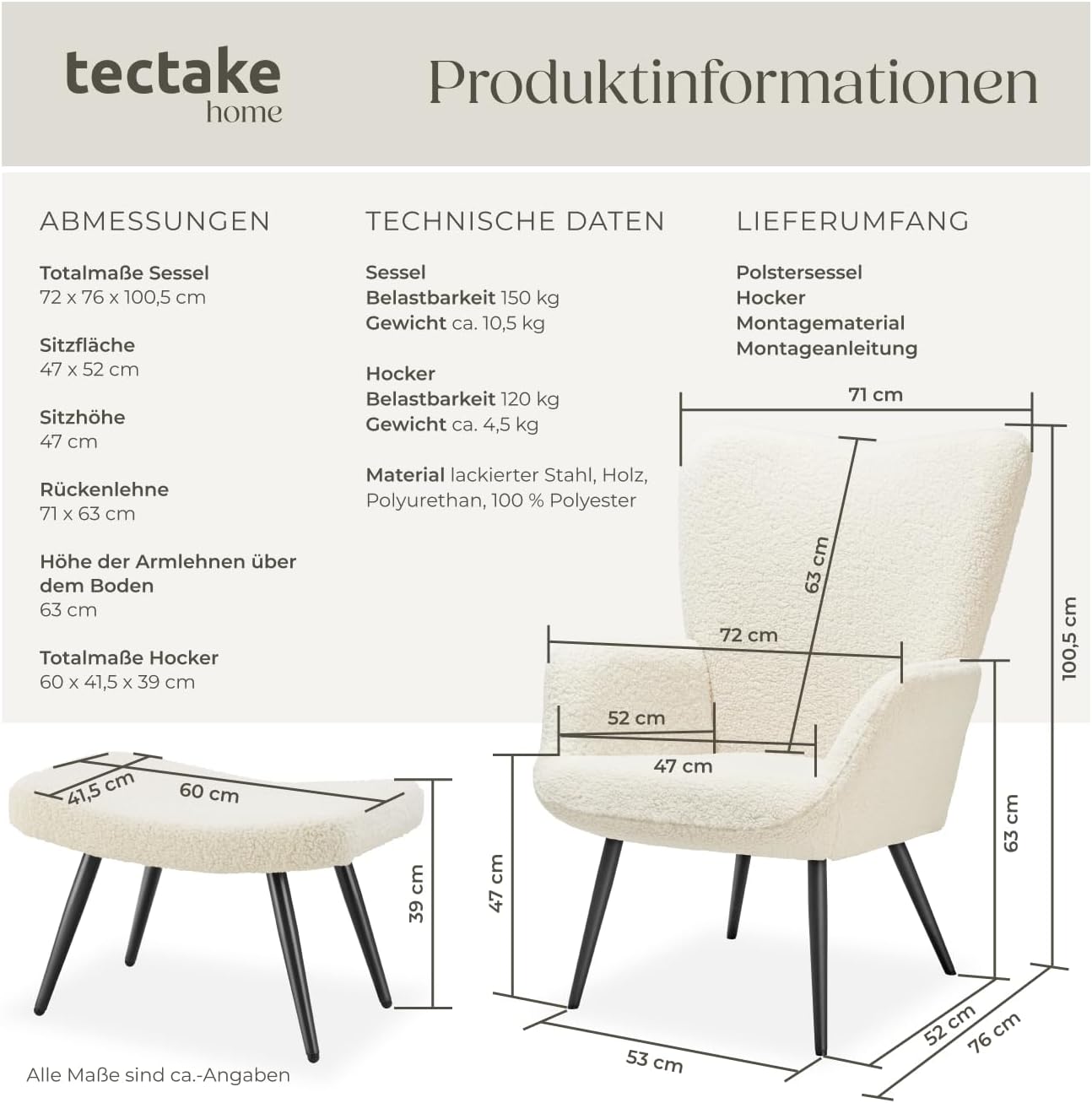 tectake® Skandinavischer Stil Ohrensessel, Sessel Hygge mit Hocker, Breitcordbezug, Sessel Wohnzimmer, Schlafzimmer, Esszimmerstuhl, Statement Loungesessel, belastbar bis 150 kg - Bouclé creme/schwarz