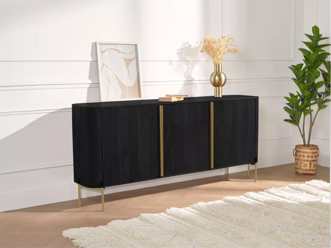 Buffet avec 3 portes en bois de manguier et métal - Noir et doré - BALIMELA