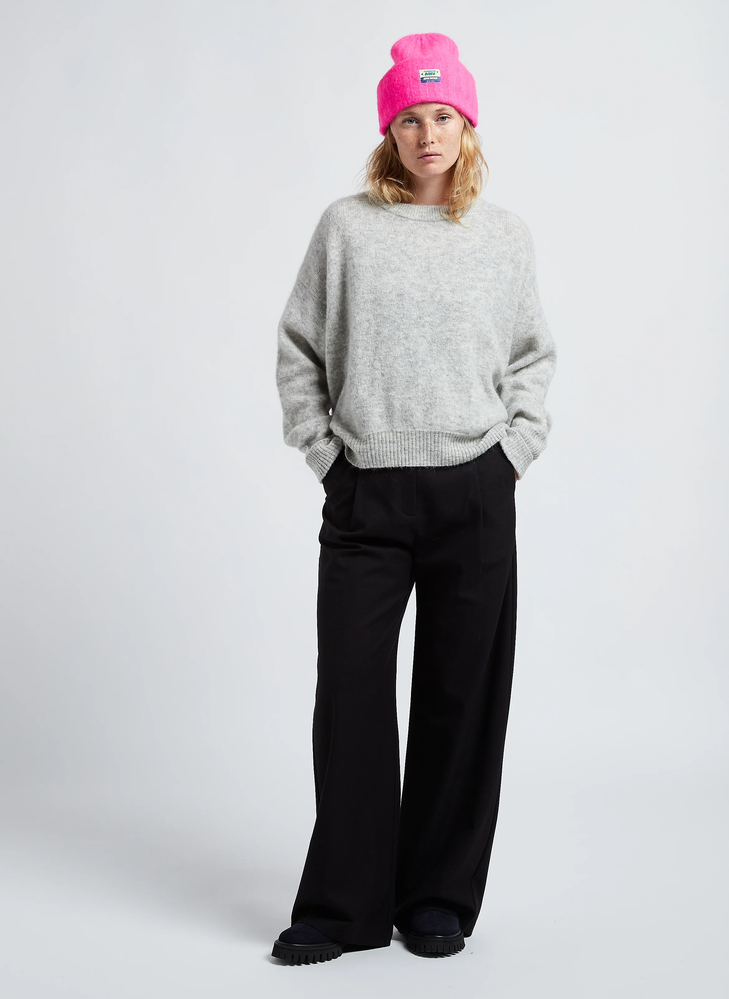 VITOW - Pull ample col rond en laine mélangée| Gris