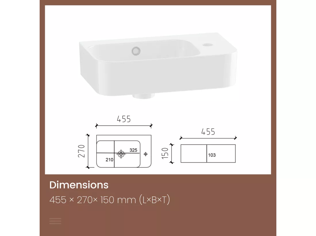 EMKE Lavabo Mural de Salle de Bain 450 x 265 x 156 mm, Vasque Rectangulaire en Céramique, Trou pour Robinet à Gauche, Blanc Brillant