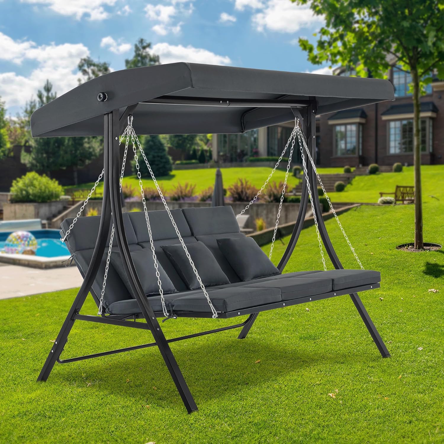 M MCombo Hollywoodschaukel mit Liegefunktion, Gartenschaukel 3 Sitzer Wetterfest, Outdoor Schaukelbank mit Metallketten, Verstellbarem Dach, 123 * 194 * 169 cm, 8018 (Dunkgelgrau)