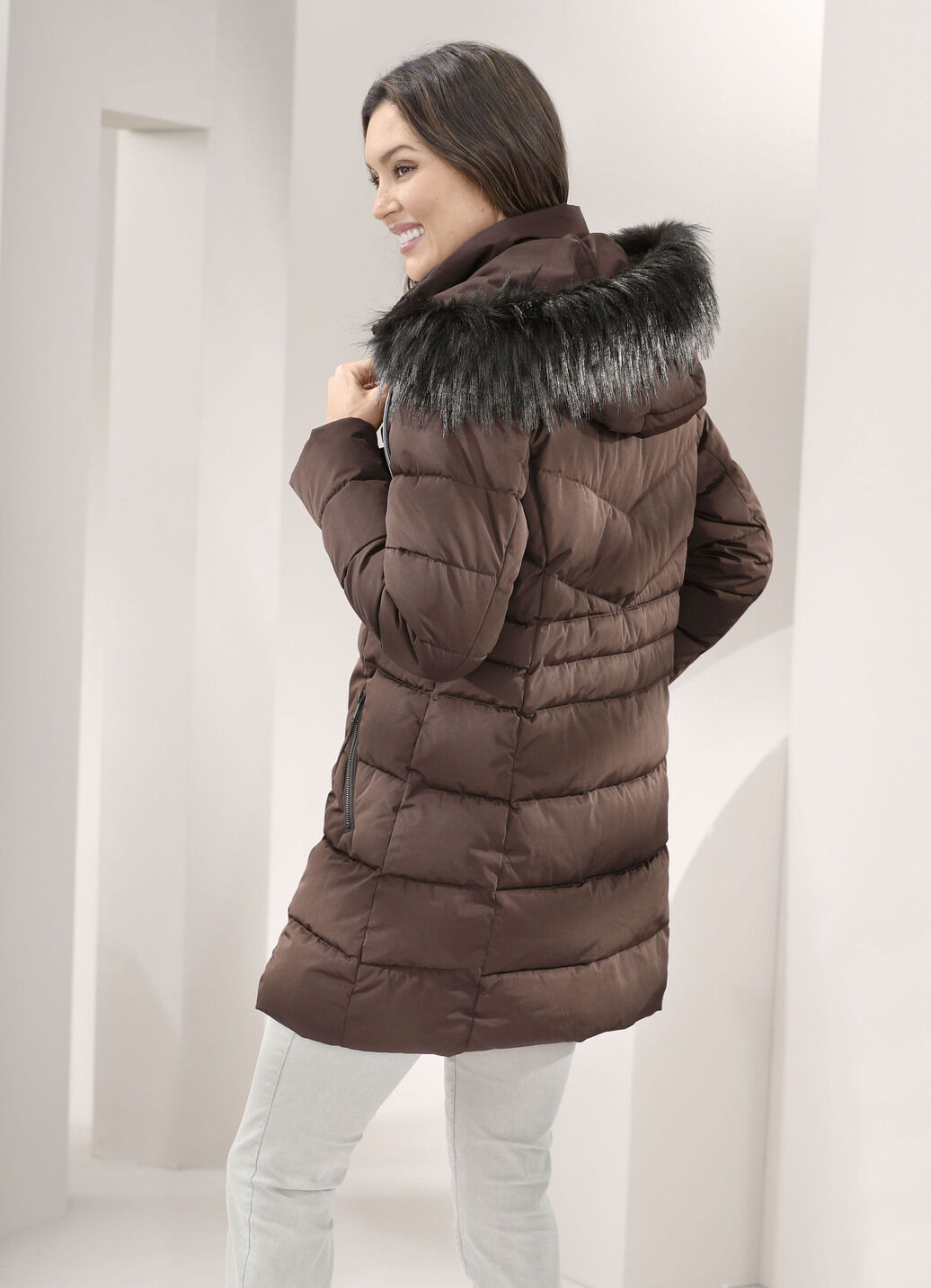 Longjacke mit abnehmbarem Kunstpelz-Besatz