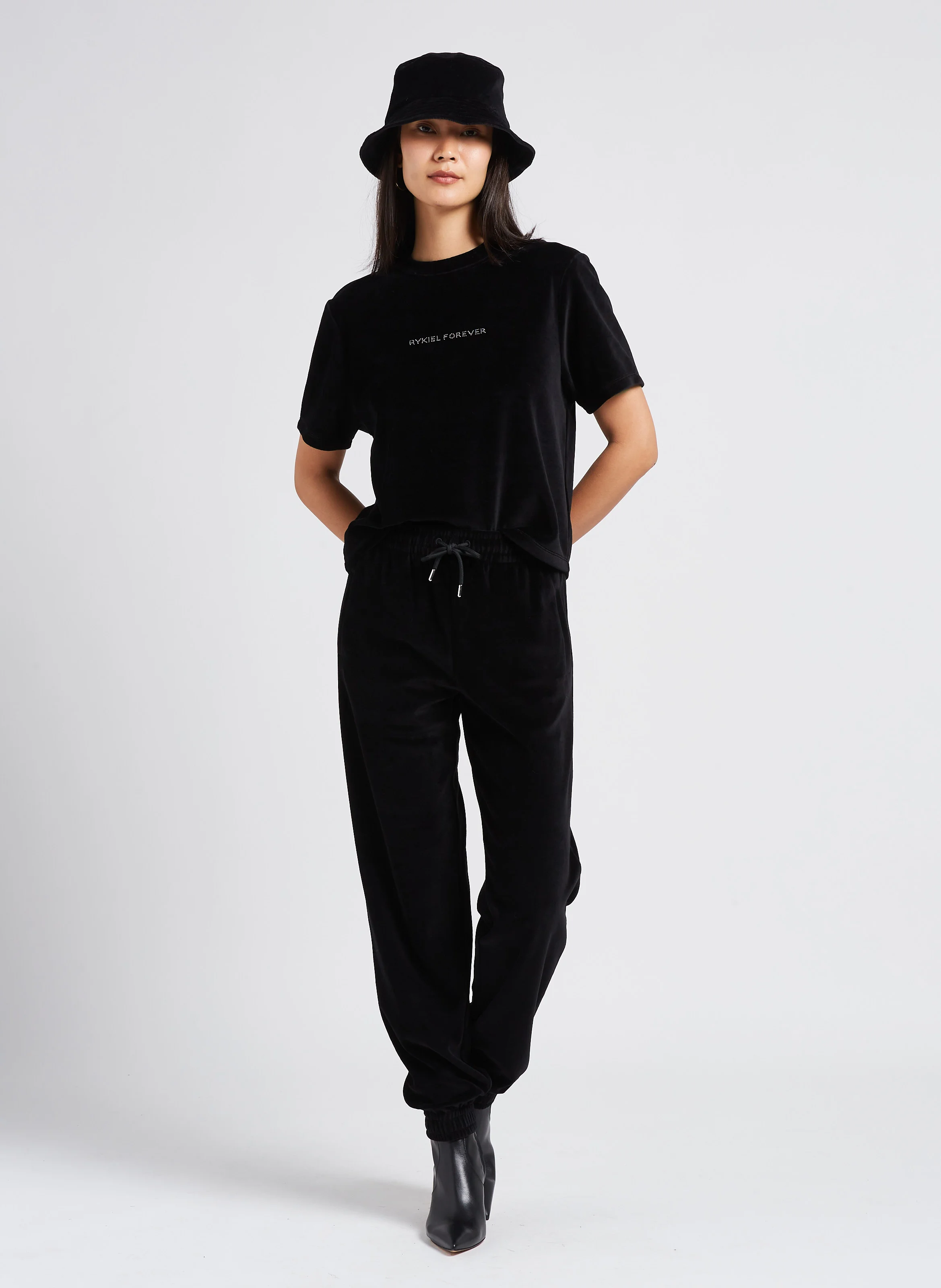 Tee-shirt col rond en velours | Noir