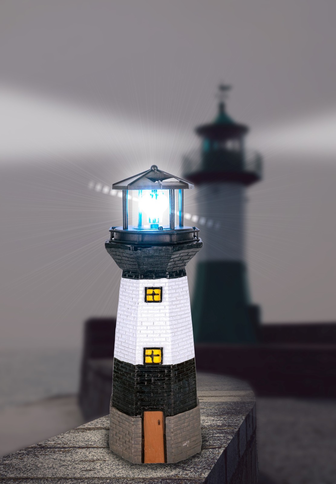 LED-Solarleuchte - schwarz-weiß - Leuchtturm