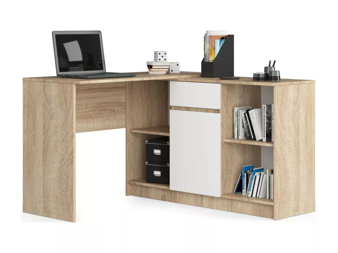 Ensemble d'angle AKORD bureau B17 avec commode Chêne Sonoma 120 cm 1 porte 1 tiroir façade Blanche 6 étagères 120x126x79 cm