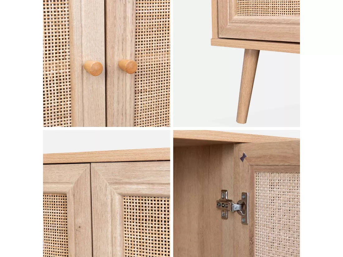 Buffet de rangement en cannage 120x39x70cm - Bohème - 2 niveaux. 3 portes. pieds scandinaves. buffet bas