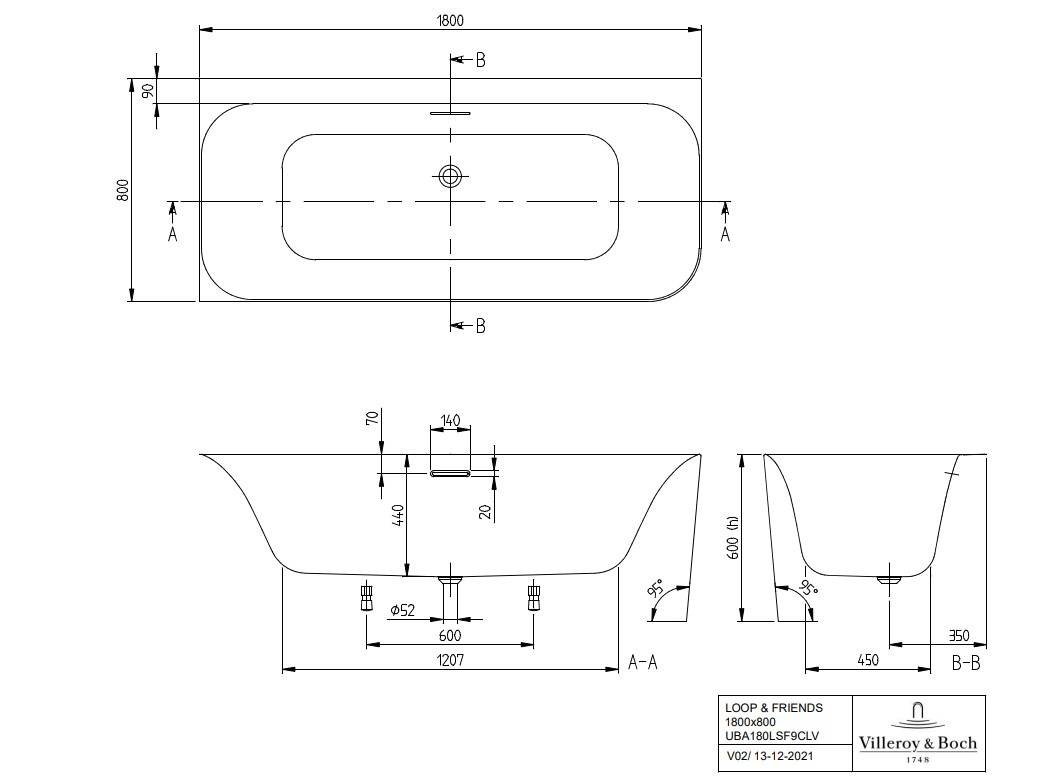 Villeroy & Boch Loop & Friends half vrijstaand ligbad 180x80cm assymetrisch links wit