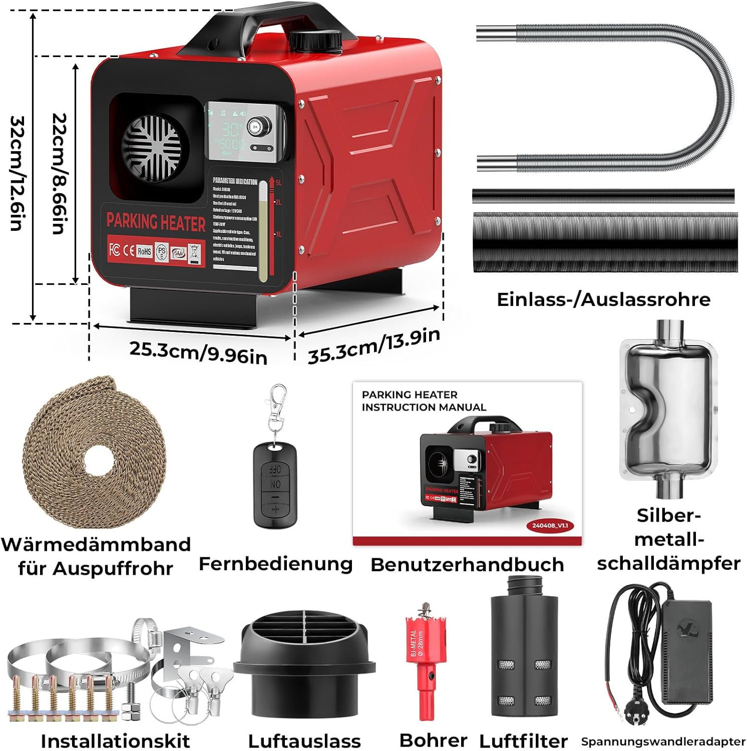 8KW 12V&24V& 230V Standheizung Dieselheizung, Diesel-Luftheizung All-in-One mit Fernbedienung & LCD-Bildschirm, Schnelles Aufheizen, App-Steuerung, Tragbare Diesel Heizung für LKW, Transporter