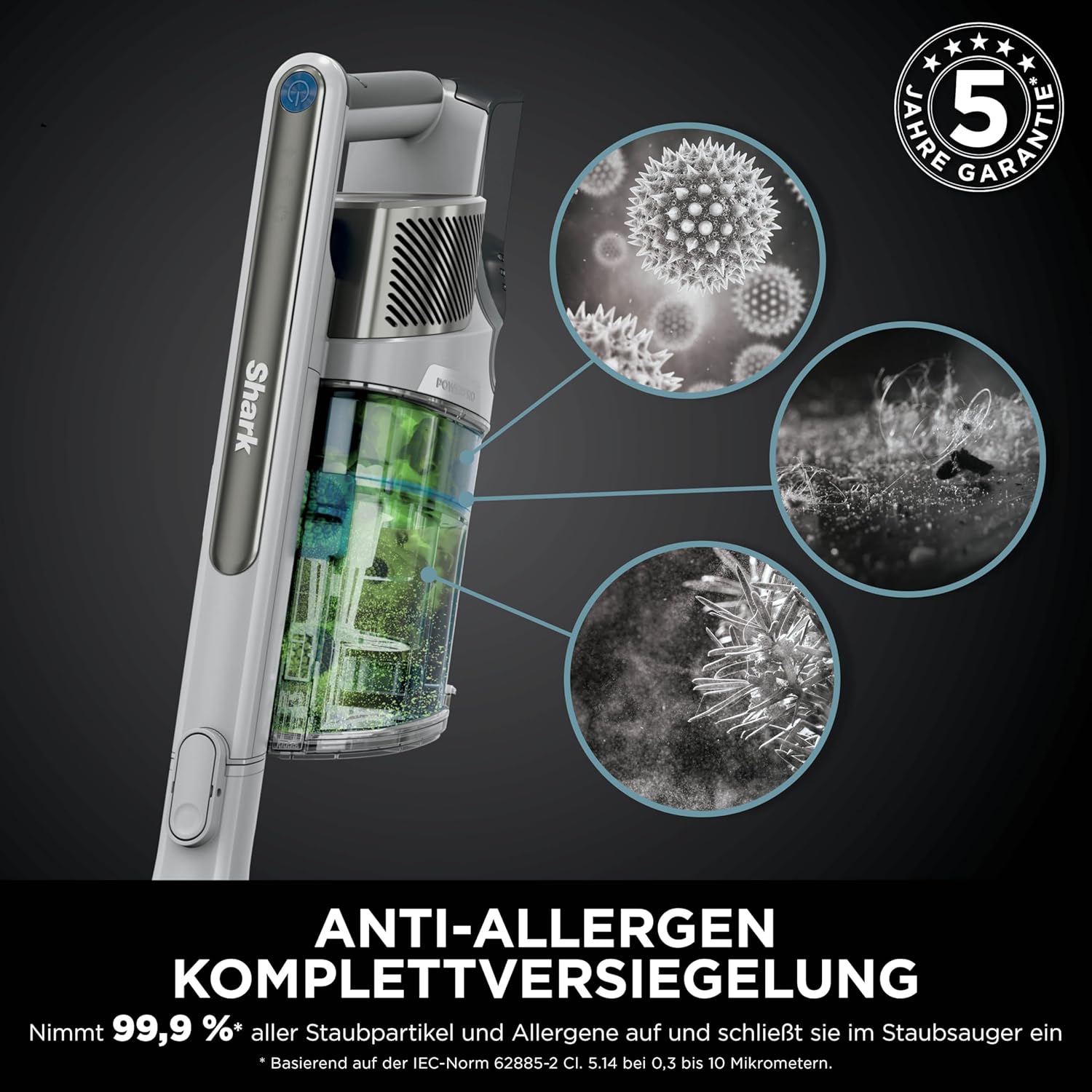 Shark PowerPro Akku-Staubsauger freistehend, bis 50 Min. Laufzeit, kabellos, beutellos, für Tierhaare, Allergiker, Teppich und Hartböden, mit LED-Licht und Knickgelenk-Rohr, grau metallic, IZ380EUT