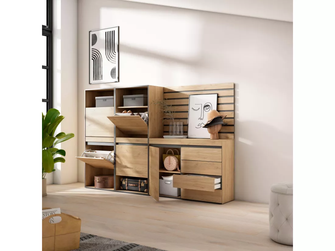 Meuble à Chaussures, 227x35x145 cm, Chambre à coucher, pièce, Commode, Buffet, Panneaux Muraux en Bois, Chêne