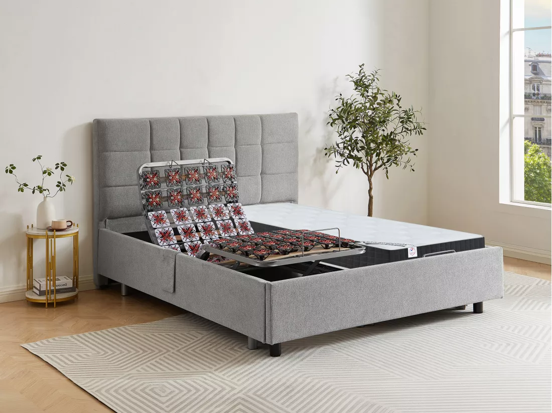 Lit électrique de relaxation déco tout plots + matelas ressorts ensachés et mémoire de forme - 2 x 70 x 190 cm - Tissu - Gris - MANAM de YSMÉE