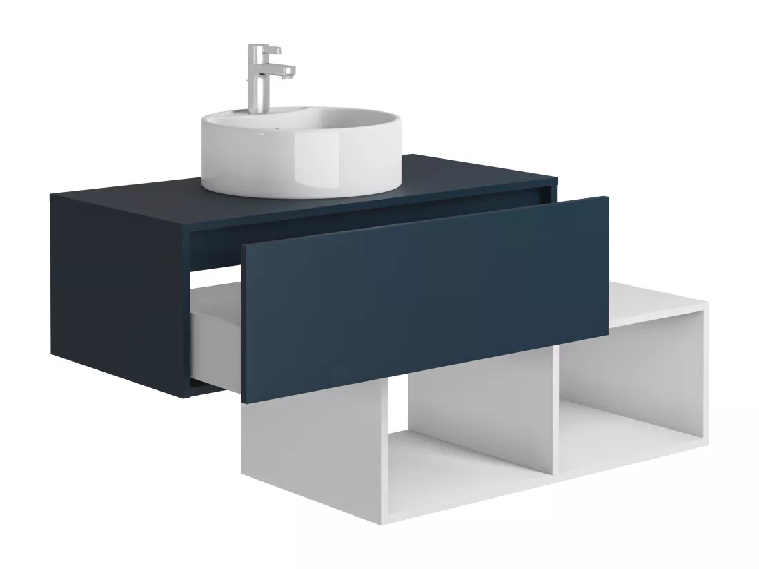 Meuble de salle de bain suspendu avec vasque ronde - 1 tiroir bleu et 2 niches blanches - 94 cm - TEANA II