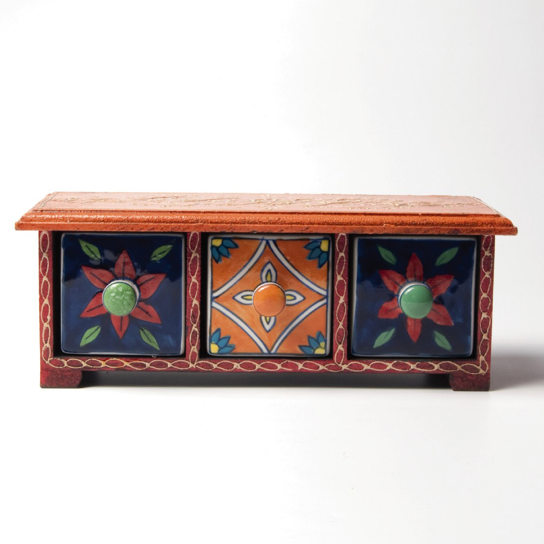 Schubladentruhe mit 3 Schubladen, orange/rot/blau, L 10 cm, B 30 cm, H 11 cm von fischer's lagerhaus
