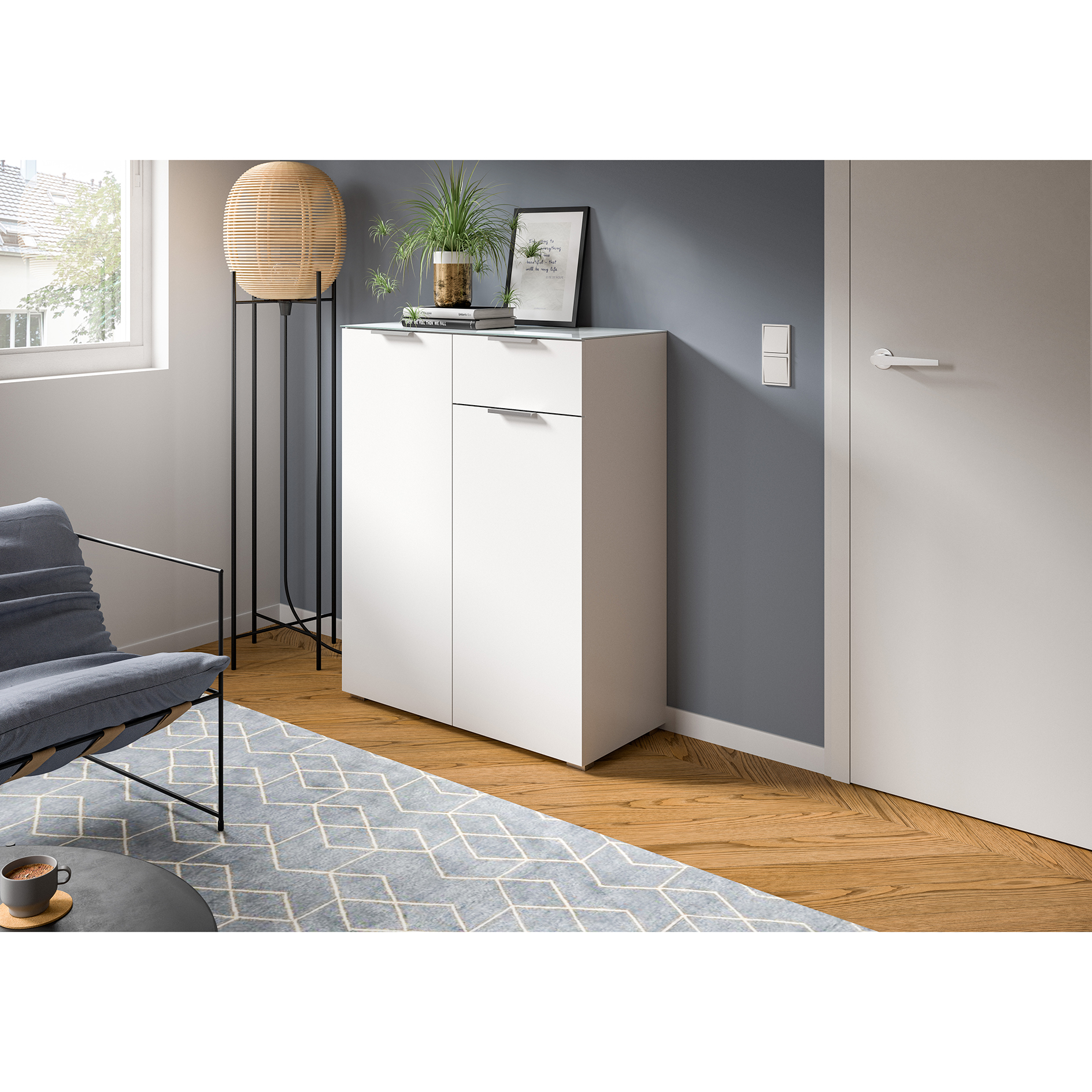 Kommode RAY - weiß - Glasplatte - 112 cm hoch