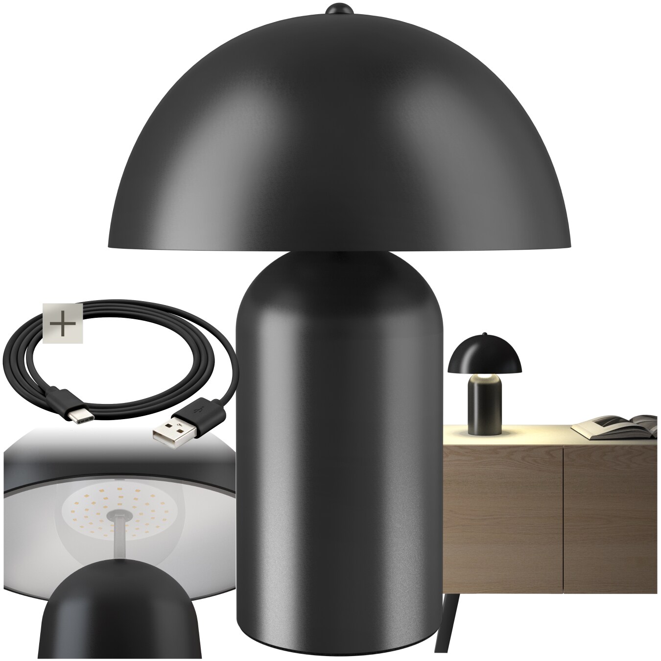tectake® Akku-Tischlampe, Retro-Pilzdesign im 70er-Jahre-Stil, indirektes Licht, Touchschalter, inkl. Ladekabel, 25 x 34 cm