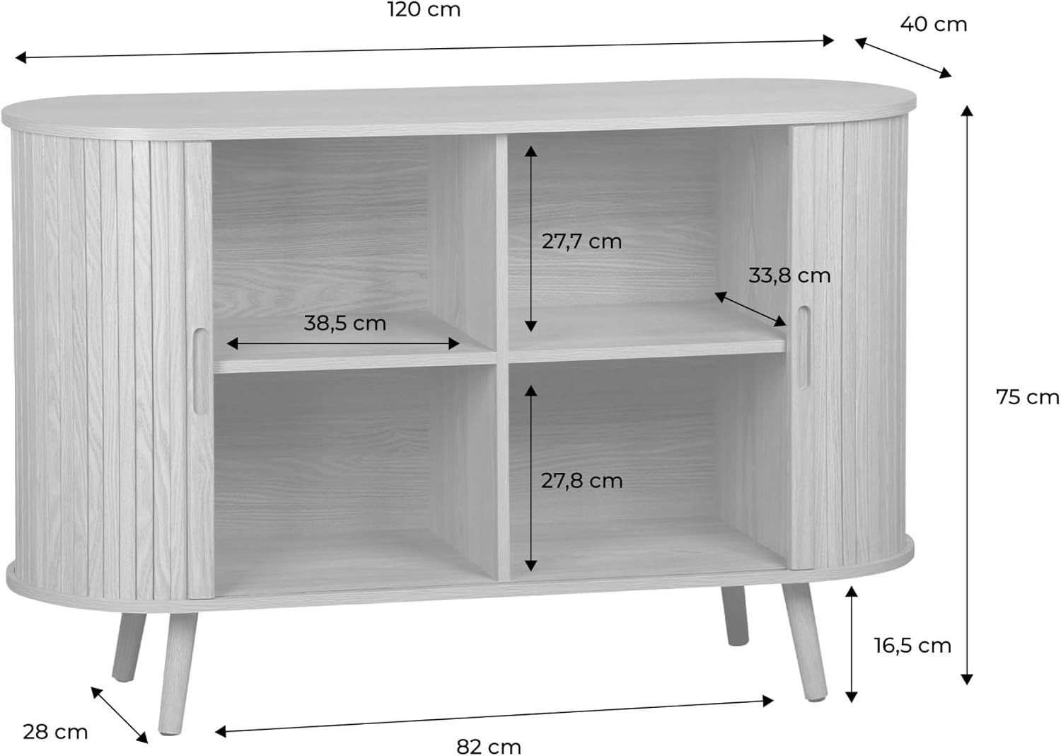 sweeek - Skandinavisches Sideboard, 2 Schiebetüren, 4 Fächer, B 120 x T 40 x H 75 cm - Legacy