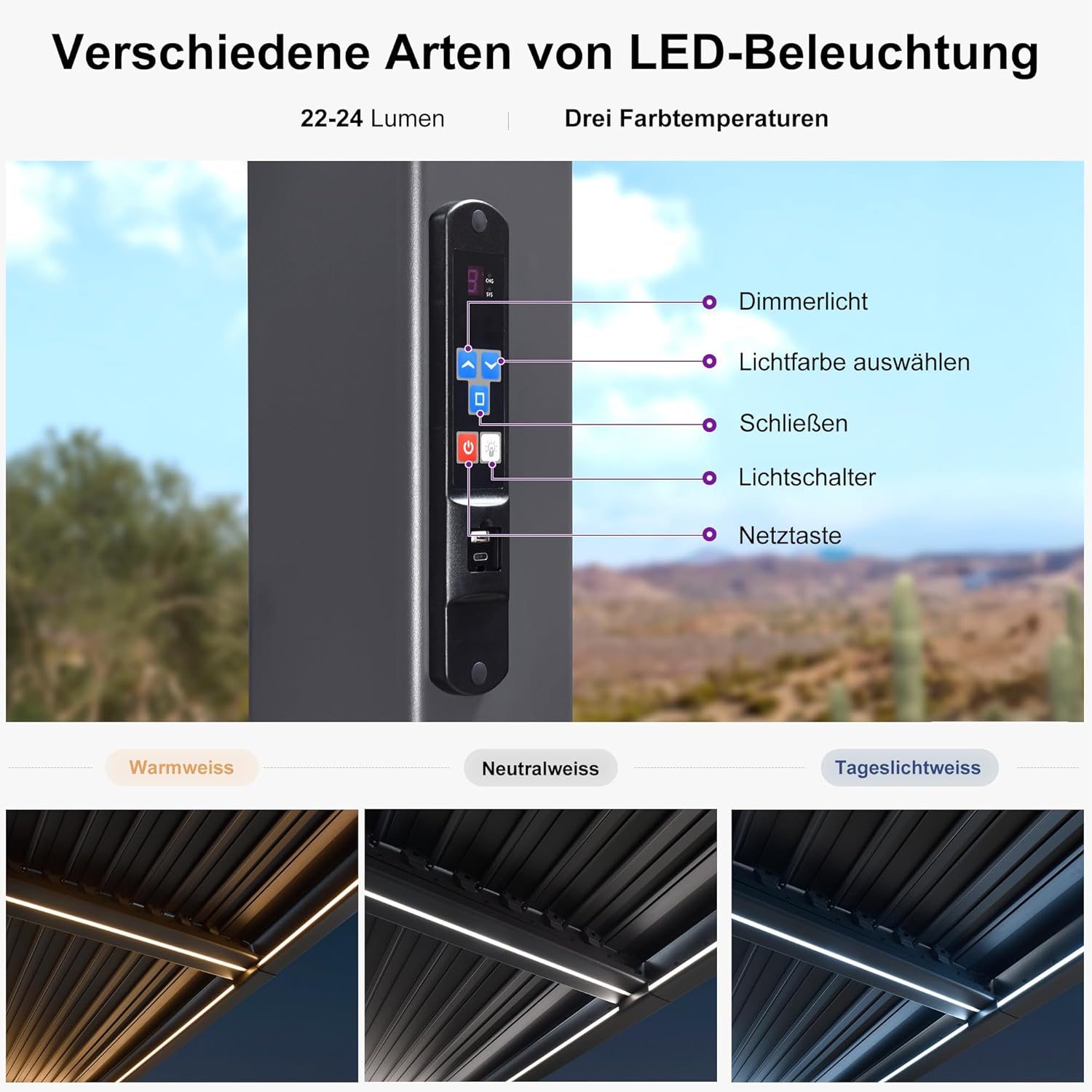 PURPLE LEAF Pergola 3 x 3.65 m mit Lamellendach Wasserdicht Stabil Winterfest Terrassenüberdachung Freistehend Lamellenpergola Verstellbaren Alu-Lamellen mit LED-Lichtleiste für Garten, Grau