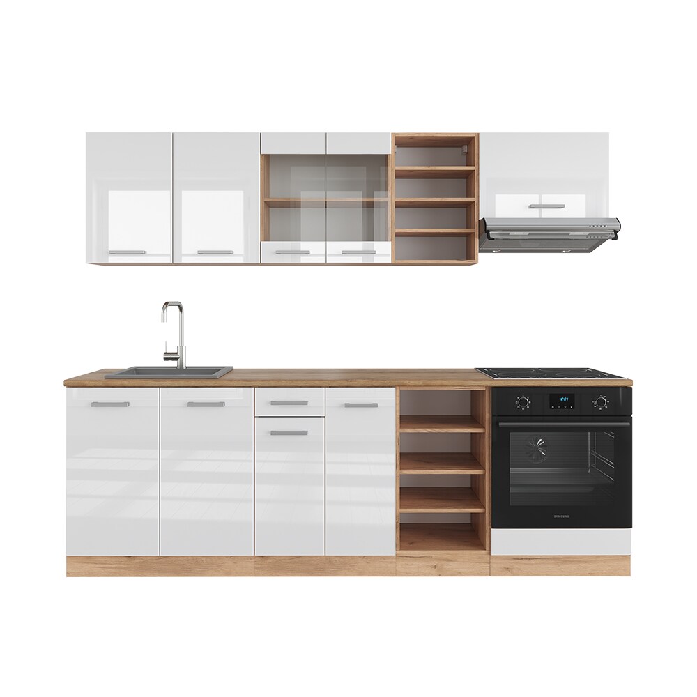 Vicco Küchenzeile Küchenblock Einbauküche R-Line 240 cm Eiche Weiß Hochglanz