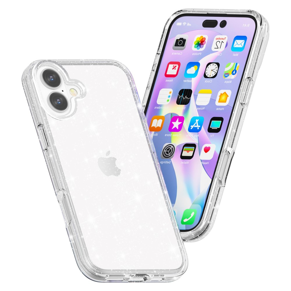 iPhone 16 Hybrid Hardcase Schutzhülle im Glitzer Design - Silber / Transparent