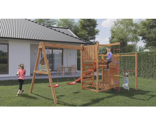 Marimex Play 021 speeltoren, hout en metaal, natuurlijke afwerking, inclusief basistoren, laddersporten, klimtouw, 2 schommelsets, glijbaan, klimwand, klimgrepen, platform en touwladder.