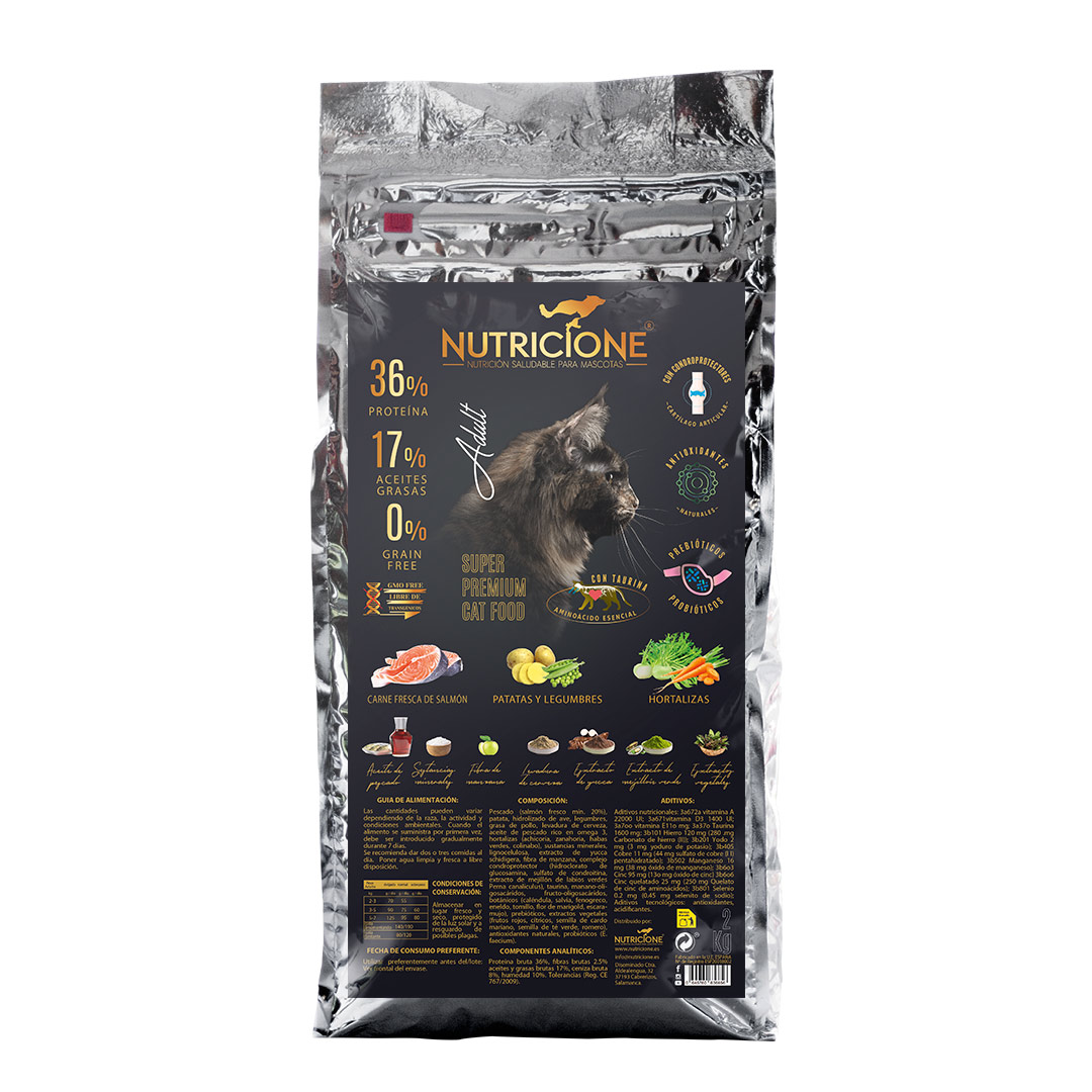 Alimento fresco sem grãos com salmão para gatos adultos, 2kg.