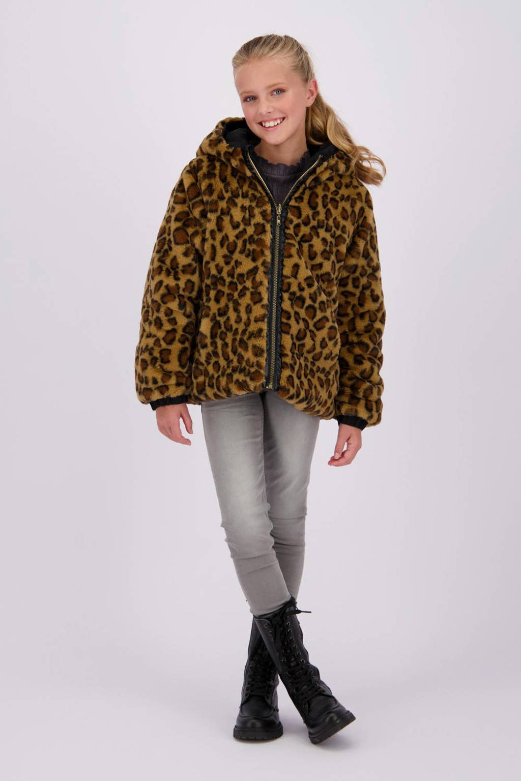 Vingino reversible gewatteerde imitatiebont winterjas Tabra met panterprint zwart/bruin