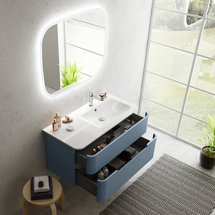 Ensemble salle de bains L. 104 cm meuble sous vasque bleu mat + plan vasque à droite blanc brillant Alba