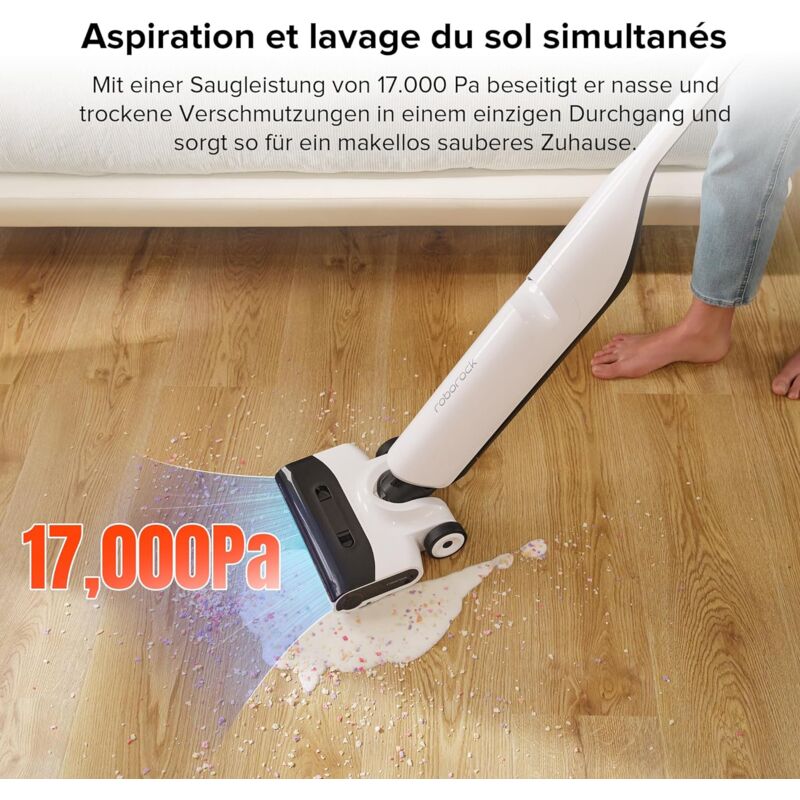 Roborock Flexi Lite Humides & Sèches Aspirateur Balai sans Fil 17,000Pa, FlatReach™ pour Un Nettoyage en Profondeur, Nettoyage des Bords, Autonettoyant & Séchage Automatique, Conception légère