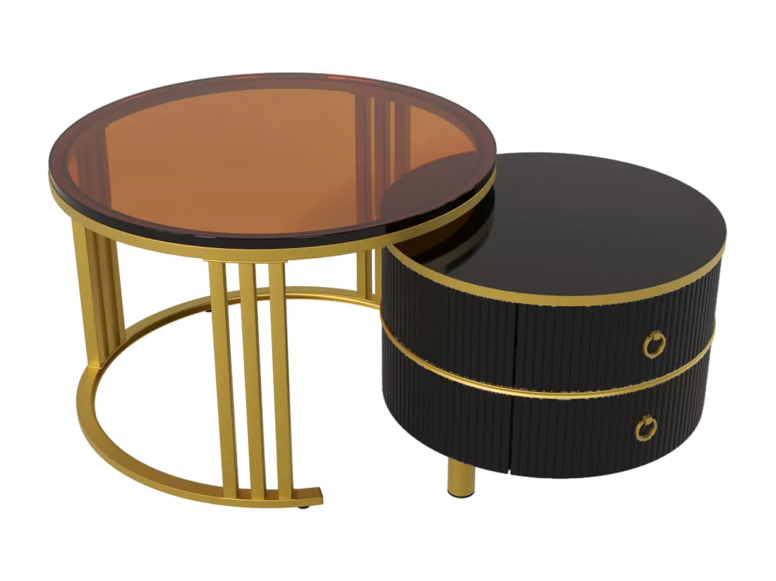 Lot de 2 tables basses gigognes avec 2 tiroirs - placage en verre trempé Marron - Noir
