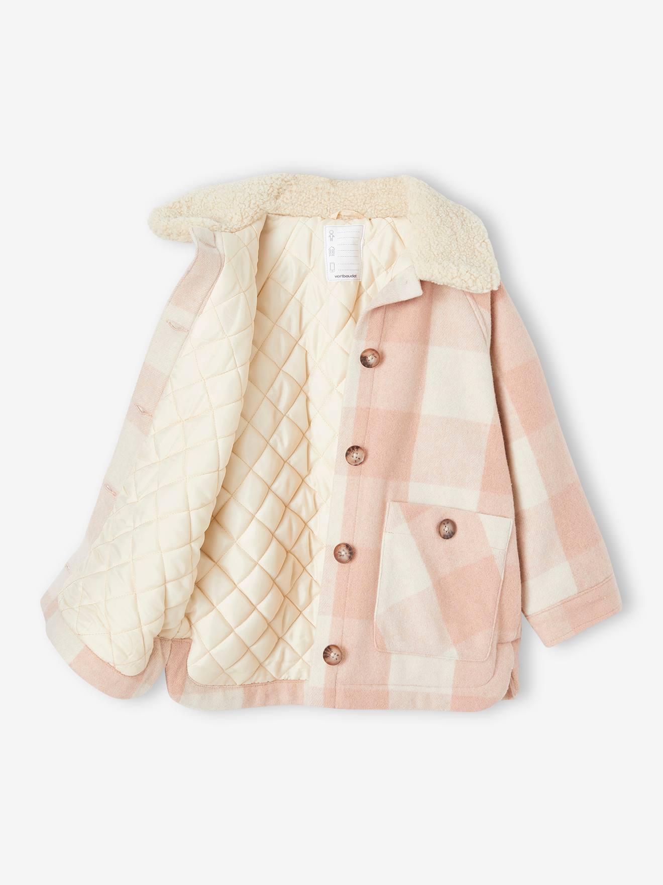 Casaco xadrez de lã para meninas, estilo sobrecamisa, xadrez marrom.