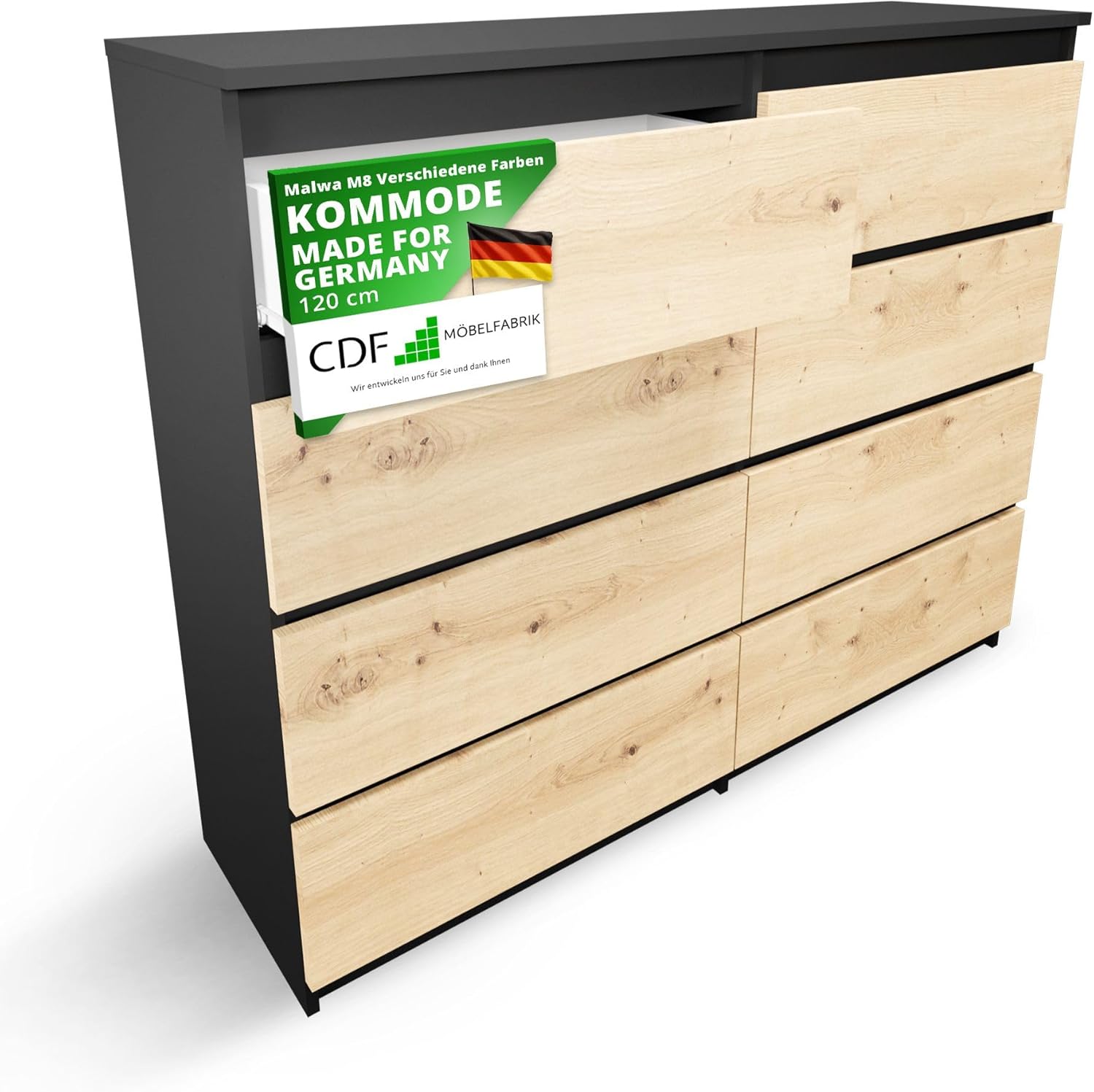 CDF Kommode Anthrazit Artisan mit 8 Schubladen 40 cm Tief Komodenschrank Komode für Wohnzimmer Schlafzimmer Schubladenschrank Malm Kommode viel Stauraum Geeignet Organizer Kleidung 120cm Breite Modern