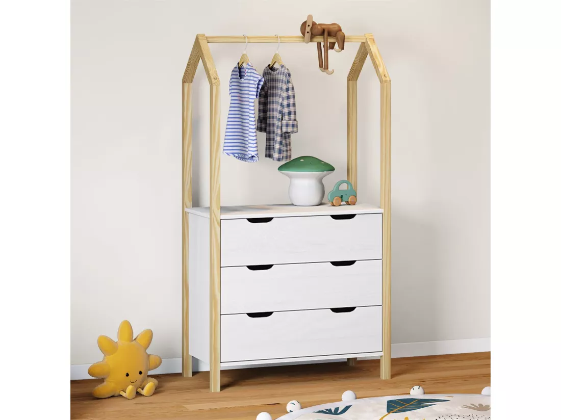 Commode enfant AMIRA H 152 cm en bois massif coloris naturel et blanc type Montessori avec 3 tiroirs et 1 tringle