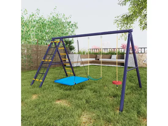 Ensemble de balançoires jardin 3 balançoires + portique escalade + panier basket aire de jeux extérieur