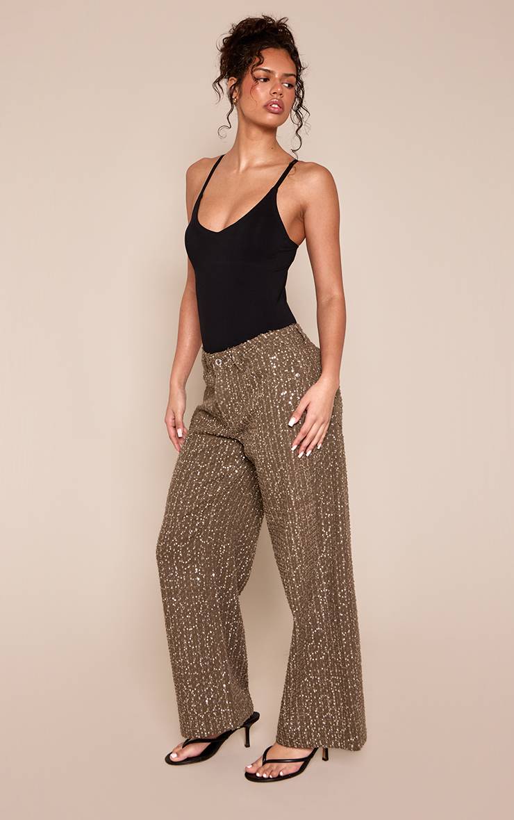 Kaki Jean Large Taille Basse À Sequins