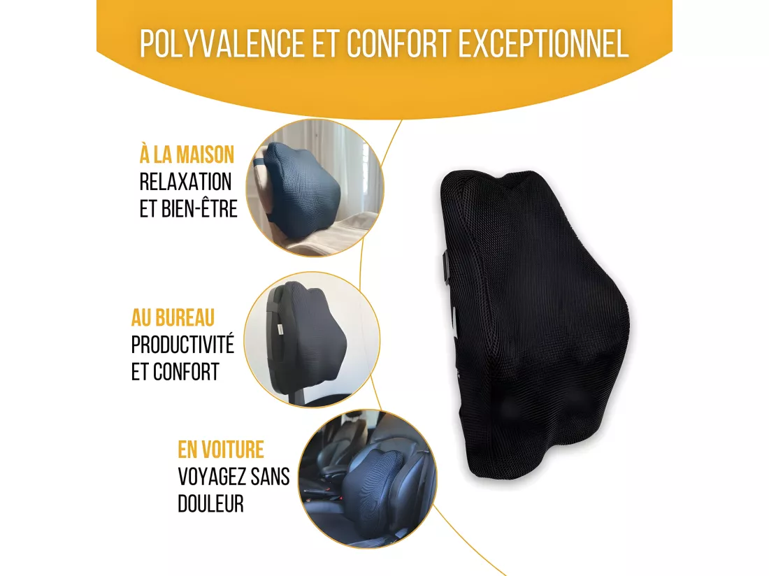 Coussin de Soutien Lombaire Allongé Ergonomique - 45x41x10,5 - en mousse à mémoire de forme - Sangles réglables - INPHYSIO