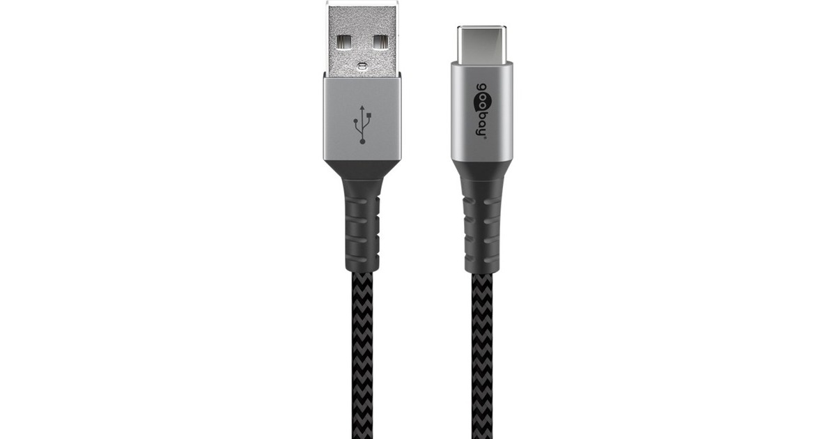 goobayUSB-C > USB-A textielkabel met metalen aansluitingen  (Grijs/zilver, 1 meter)