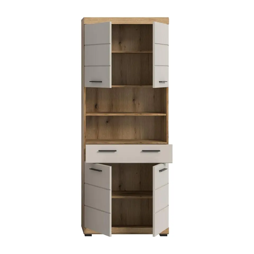 Hioshop Scout kolomkast 4 deuren- 1 lade- 2 planken kasjmier decor mat- eiken