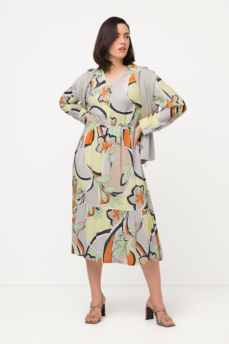 Kleid, grafisches Muster, Hemdkragen, Langarm