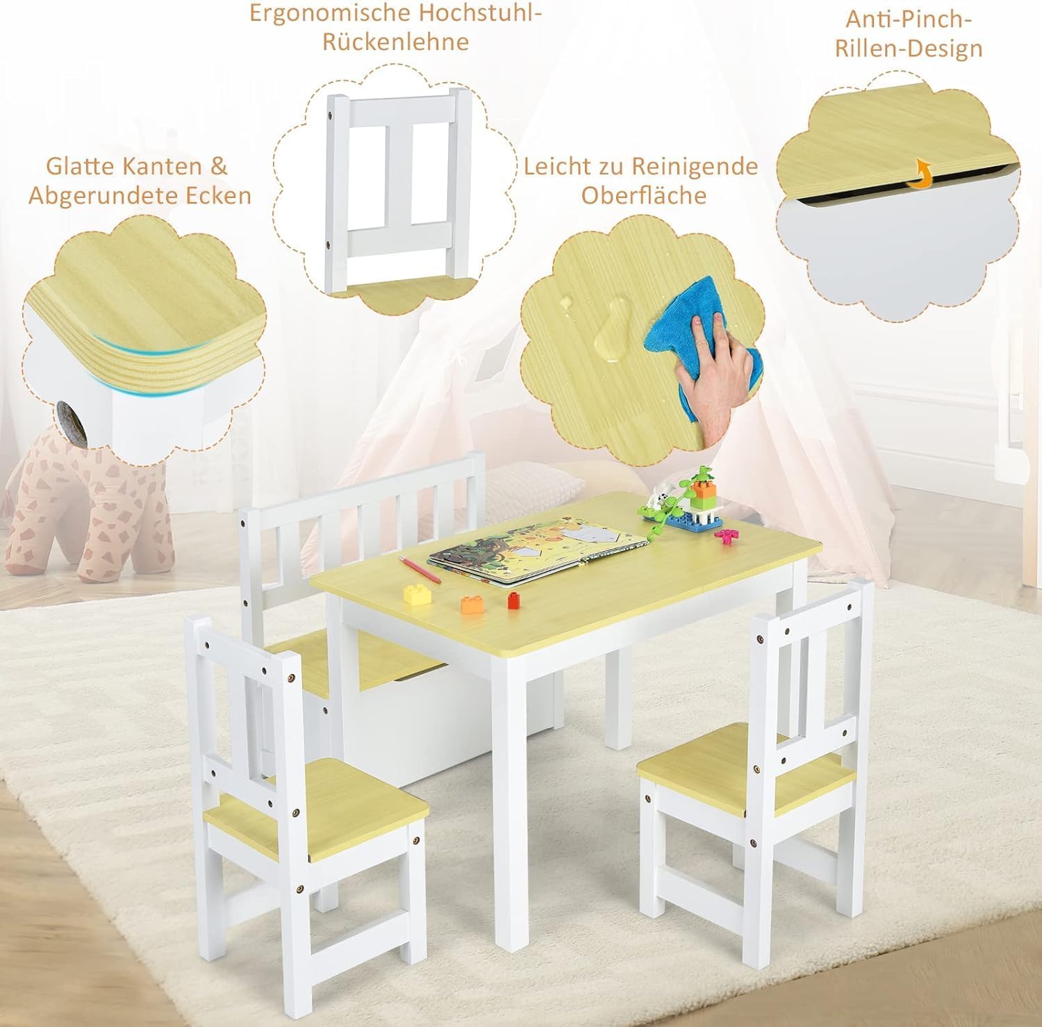 DREAMADE Kindetisch mit 2 Stühlen, Kindersitzgruppe aus Holz mit 22L Strauraum, Kindertruhenbank Kindermöbelset Holzsitzgruppe für Kinderzimmer, Spielzimmer, Wohnzimmer, Natur