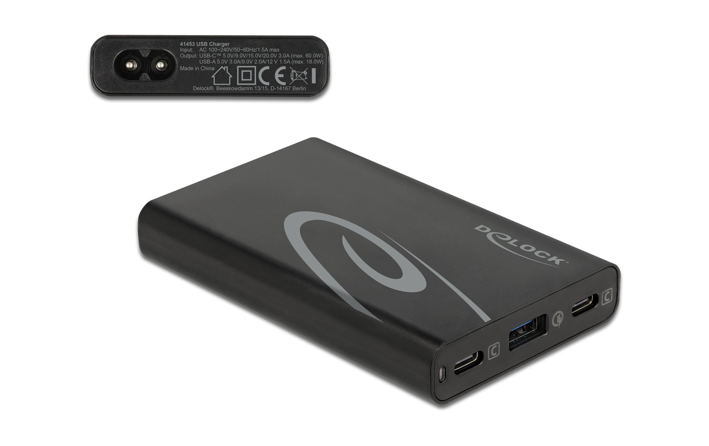 USB-Wandladegerät 2x USB-C Power Delivery, 1x USB-A, 60WDelock USB Ladegerät 2 x USB Type-C PD 3.0 + 1 x USB Typ-A mit 60 W