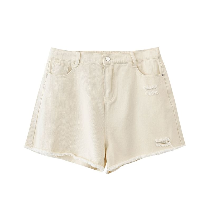 Krezol - Plus Size Hoge Taille Gewassen Gerafelde Versleten Wijde Denim Shorts