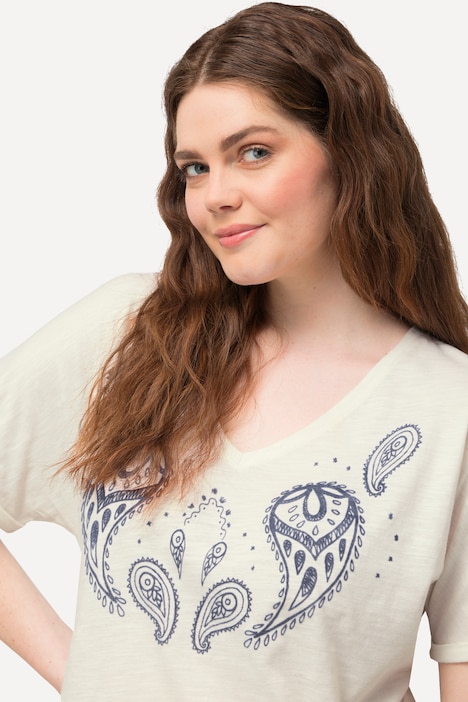 T-Shirt, Flockdruck, V-Ausschnitt, Halbarm, Biobaumwolle