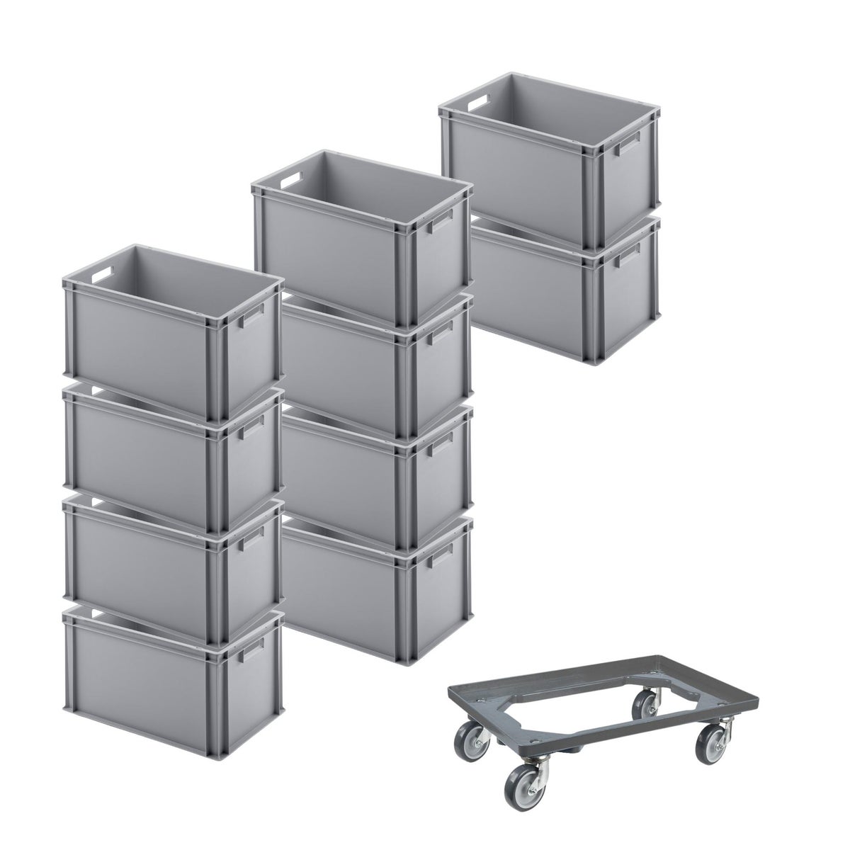 PROREGAL Voordeelset: 10 Eurobakken met open handvat en 1 transportwagen, grijs, hxbxd 32 x 40 x 60 cm, 56 liter Eurobox transportbox